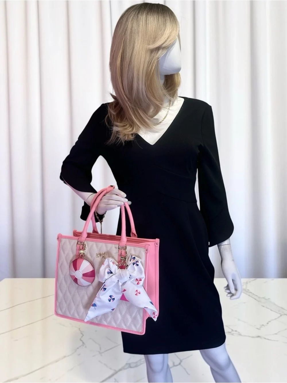 Betsey Johnson White Quilted Tote with Pink Trim and Bow Accent
